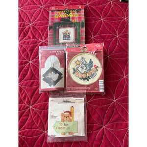 Lot of 4 Christmas Counted Cross Stitch Kits Angel Peace Dove Gift Tag Bear Vtg